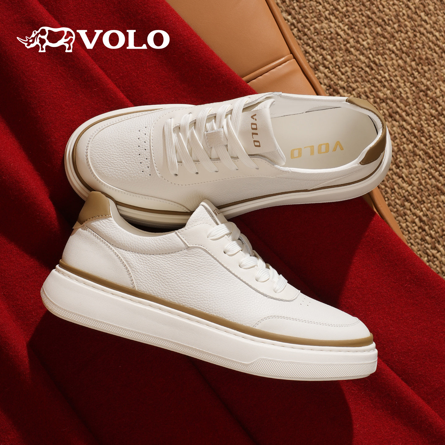 VOLO/犀牛鞋子男鞋2026新款男士真皮百搭小白鞋休闲增高厚底板鞋