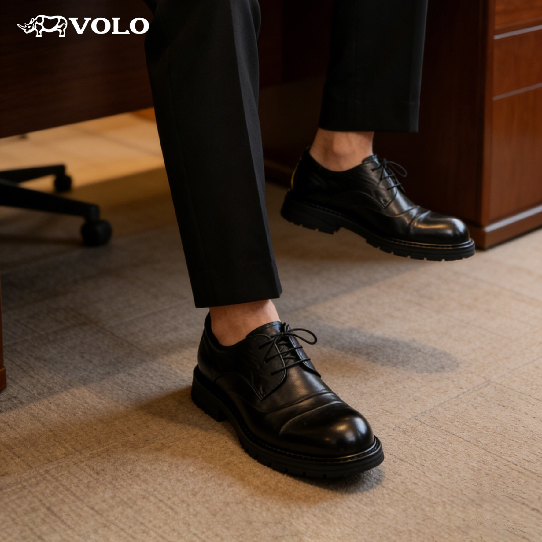 VOLO犀牛男士皮鞋男正装商务男鞋全黑公务鞋小众休闲增高级感皮鞋