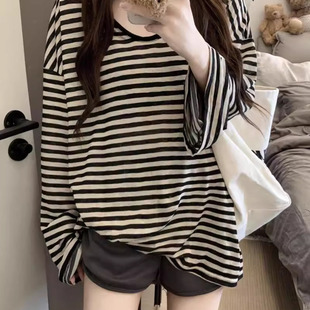 复古条纹慵懒风圆领长袖T恤拨款oversiz宽松显瘦外穿罩衫休闲上衣