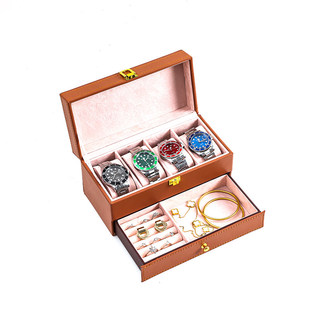 PU双层首饰盒手表戒指项链收纳盒便携密封棕色皮质收纳盒