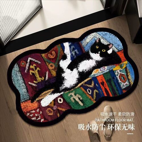 复古美式小猫油画风浴室吸水地垫硅藻泥卫生间厕所门口吸水脚垫