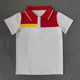 定做夏季男女校服同款运动上衣白色拼红色短袖翻领休闲运动POLO衫