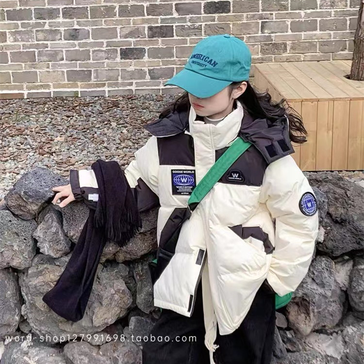 2025反季特价儿童短款羽绒服男女童撞色拼接工装白鸭绒童装外套