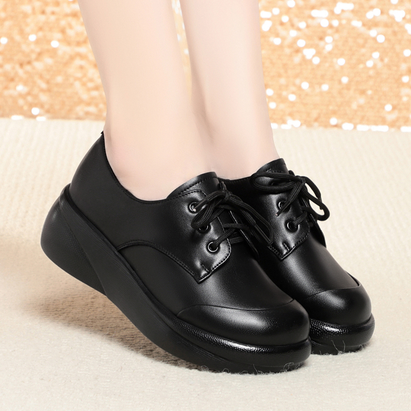 厚底单鞋女坡跟真皮软底系带皮鞋