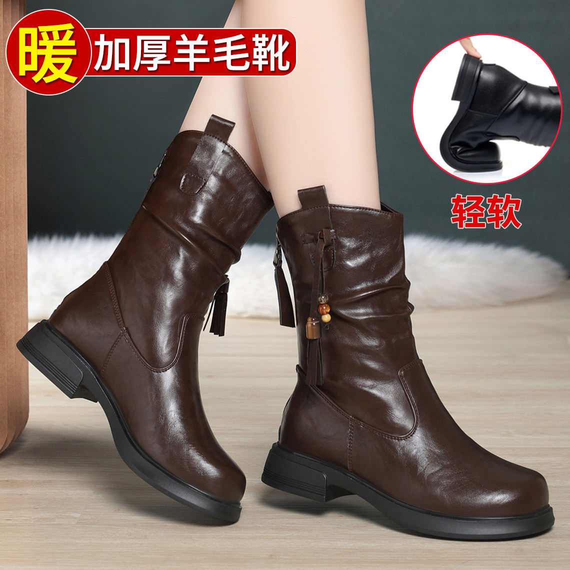 女士靴子中筒靴女冬加绒加厚棉靴真皮羊毛女靴平底皮毛一体雪地靴