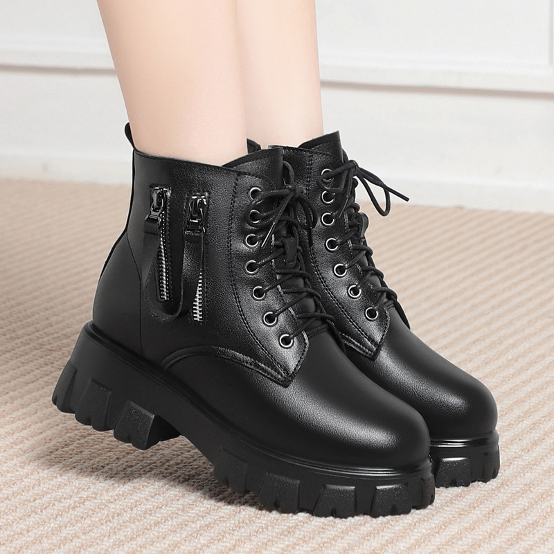 厚底马丁靴女款棉鞋2025冬季新款女鞋英伦风真皮毛一体羊毛短靴子