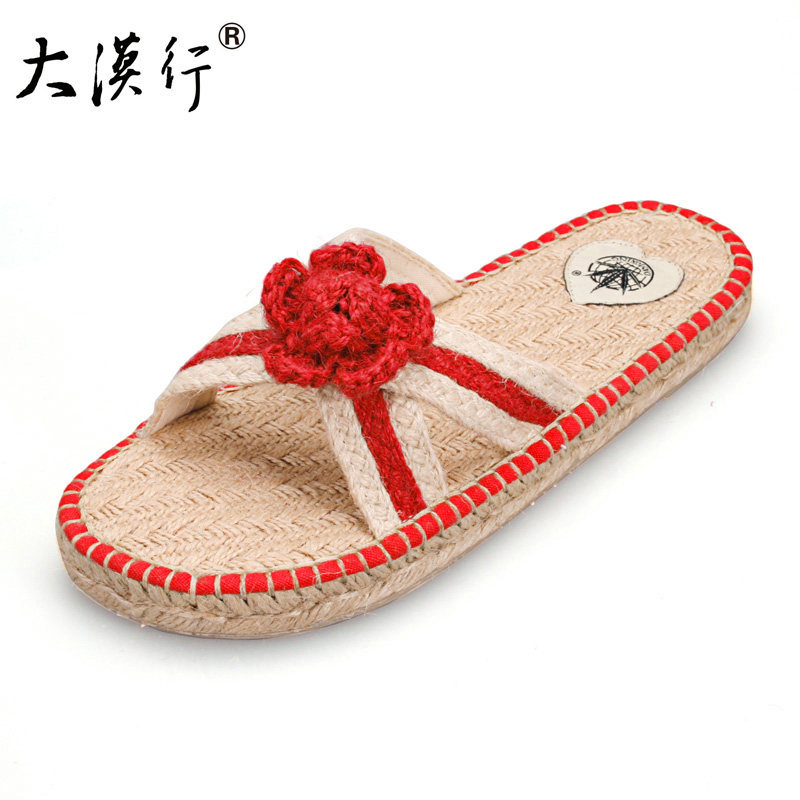 大漠行麻编鞋夏季女士居家拖鞋草鞋吸汗防滑防臭手工编织花朵凉拖