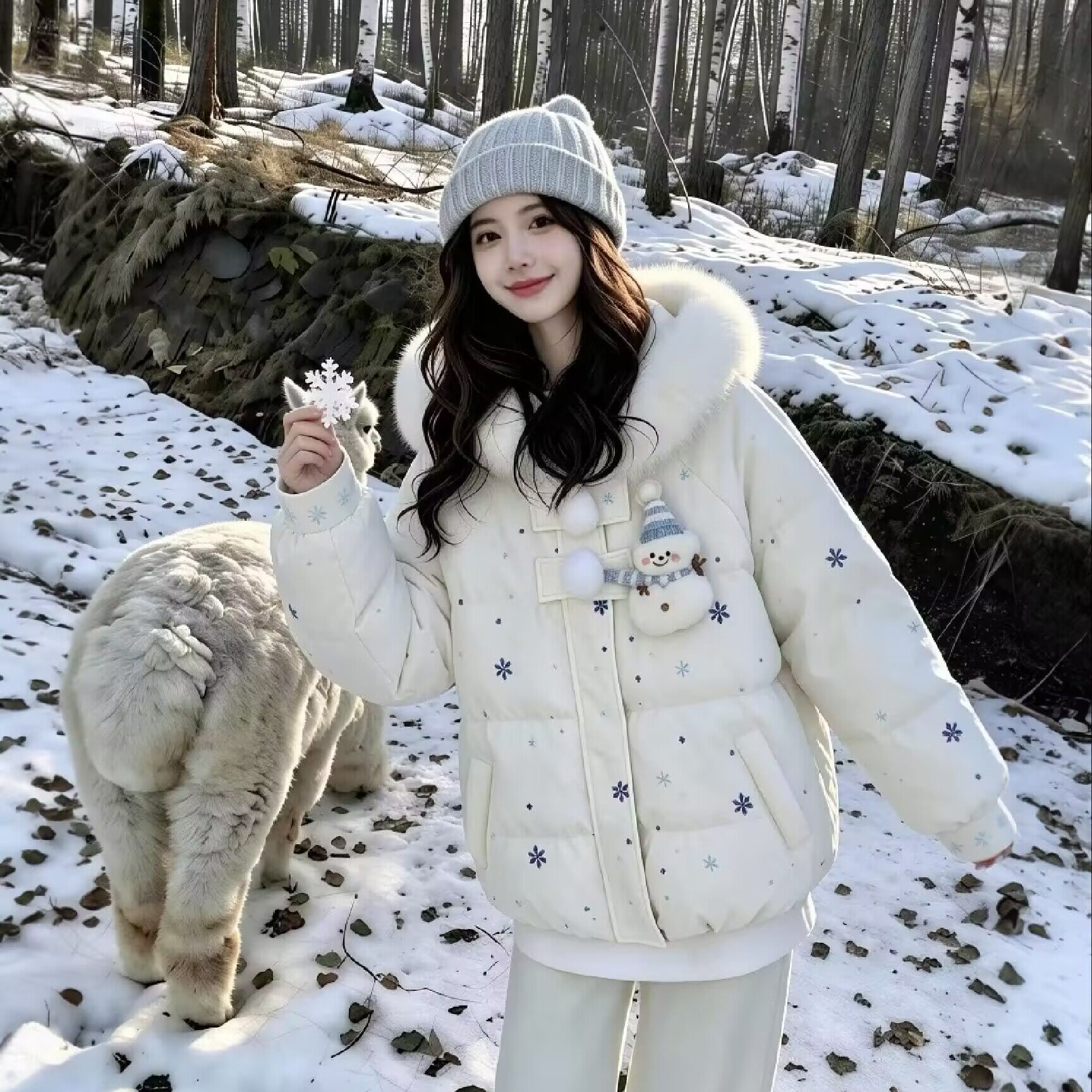 奶呼呼雪花刺绣棉服女冬季甜美可爱少女加厚保暖大毛领连帽面包服