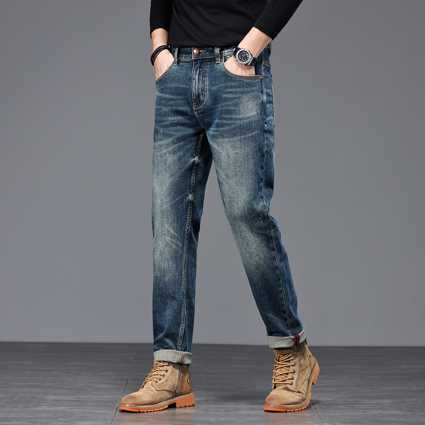 高端品质深蓝色牛仔裤男修身小直筒2025秋冬新款重工复古水洗裤子