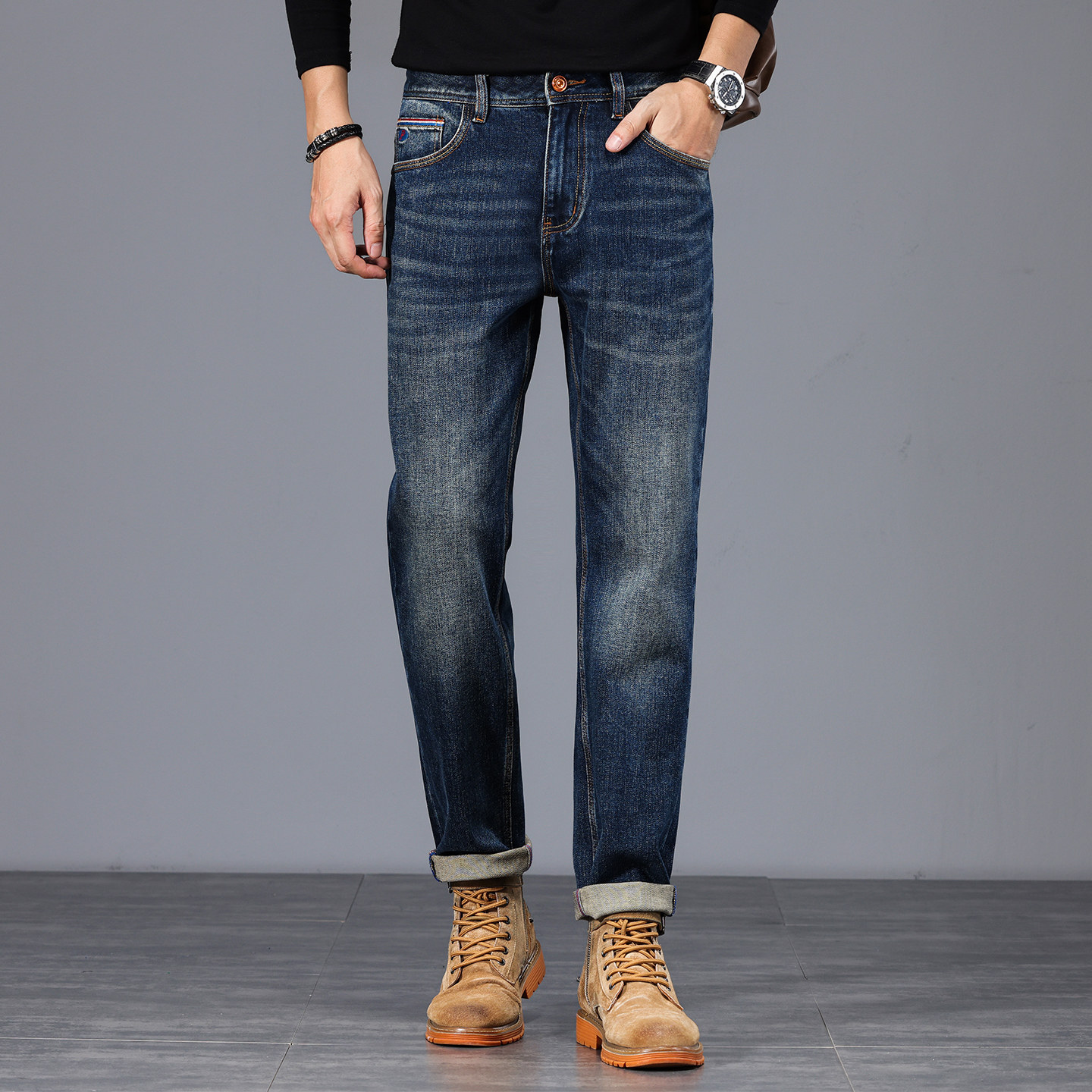 高端系列深蓝色牛仔裤男装修身小直筒2025秋冬款复古水洗九分裤子