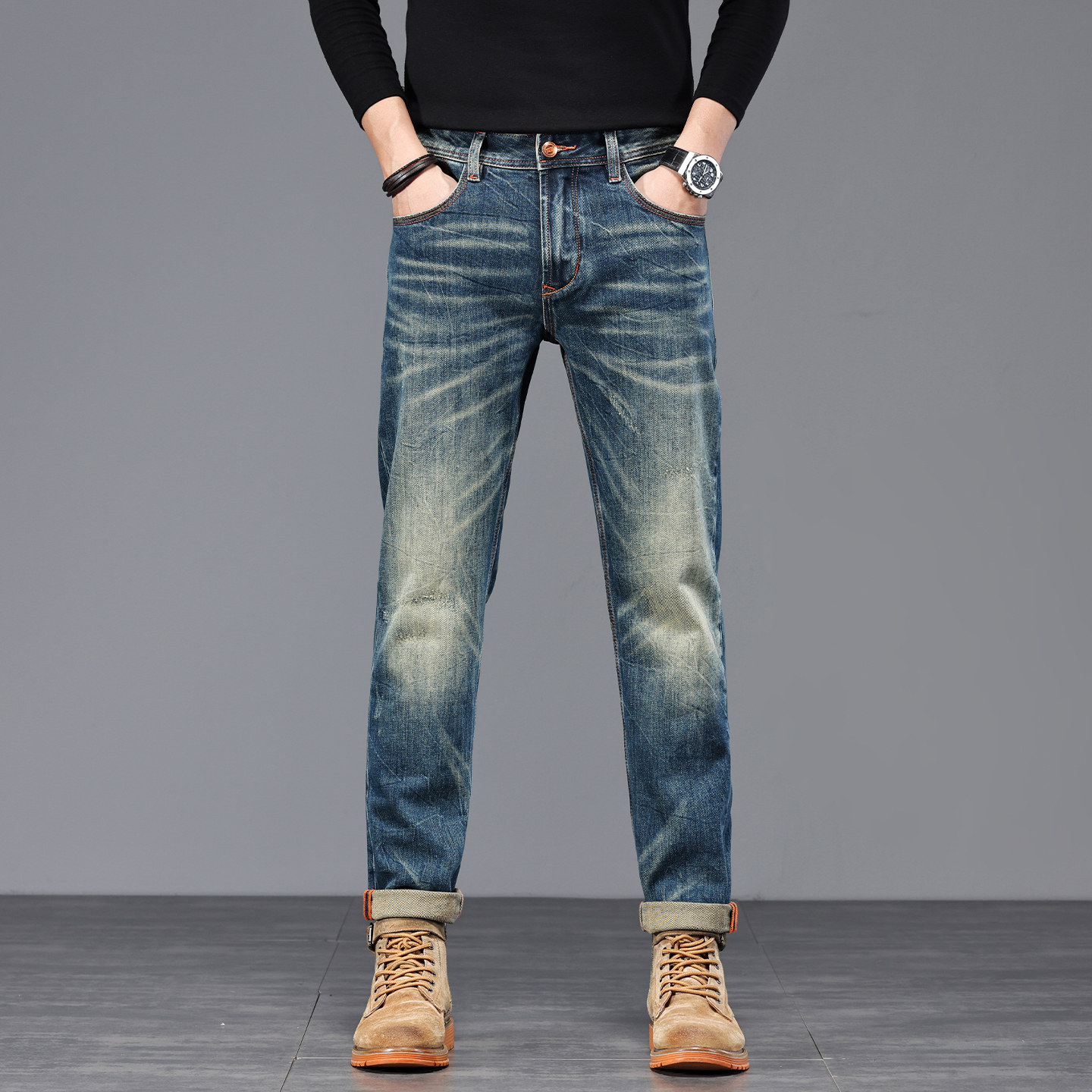 高端品质美式重工复古水洗深蓝色牛仔裤男装潮流修身小直筒长裤子