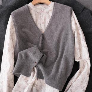 复古V领手工缝线綿羊毛针织背心一排扣混搭叠穿马甲马夹25秋冬