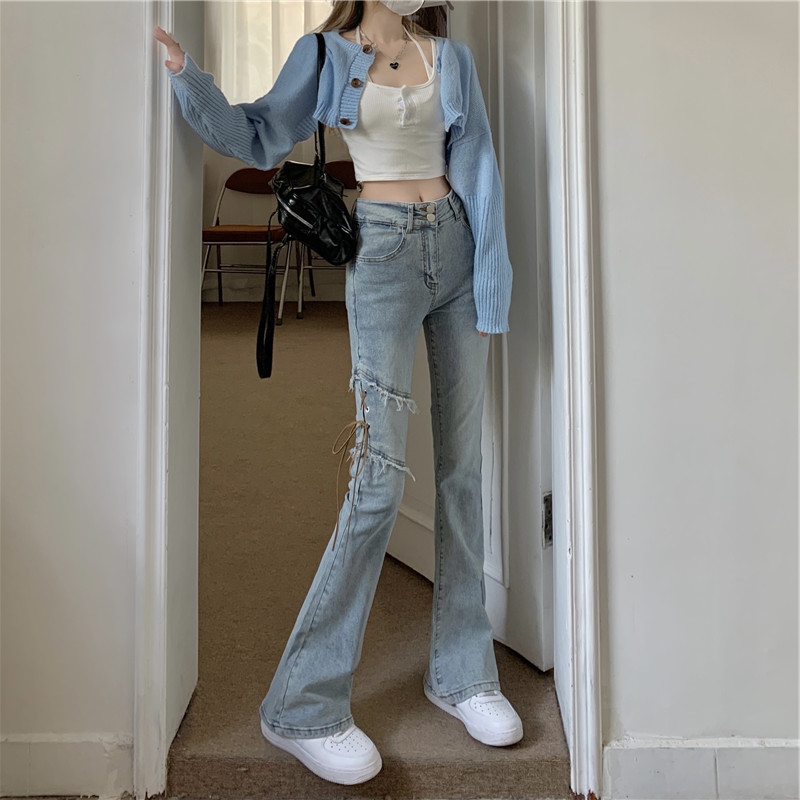 美式辣妹绑带牛仔裤女春夏高腰小个子直筒裤微喇叭裤子潮ins高街