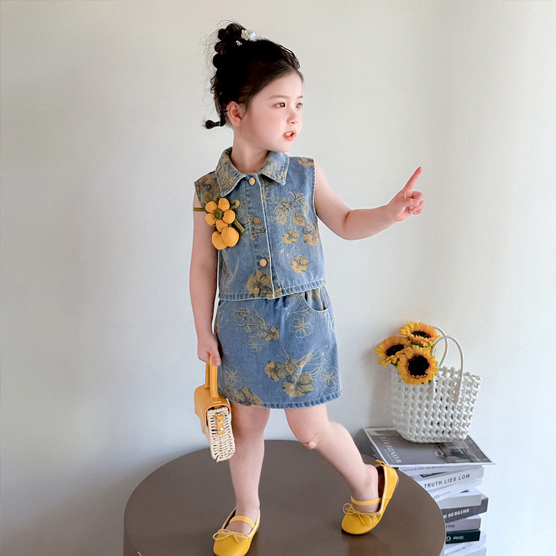 夏季太阳花女童牛仔裙套装套装