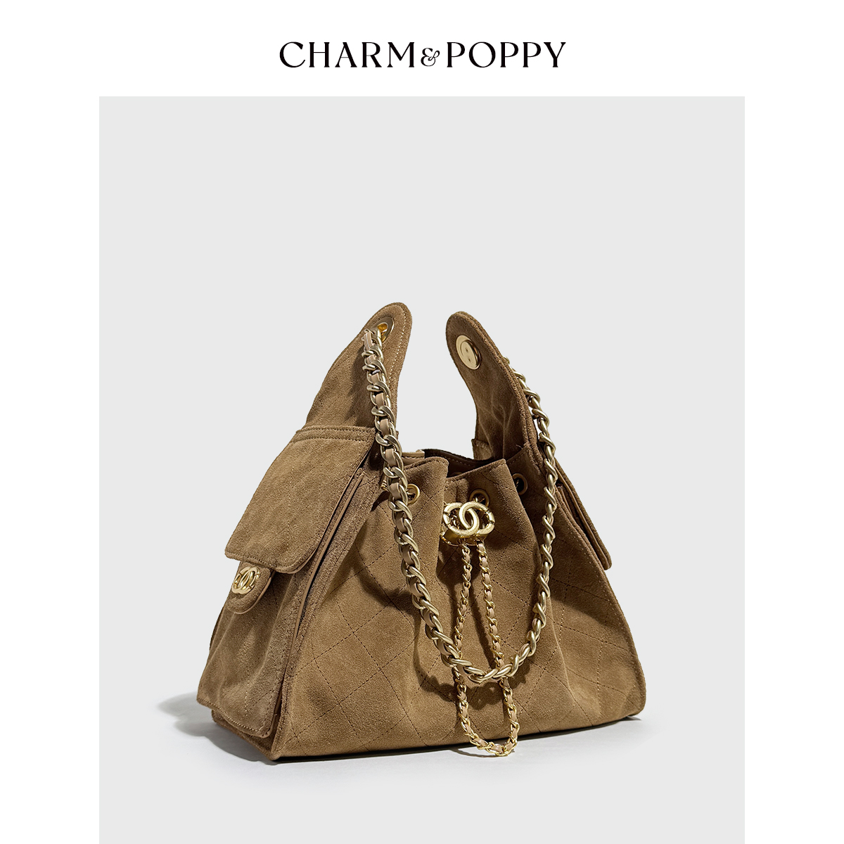 磨砂皮抽绳菱格链条腋下包