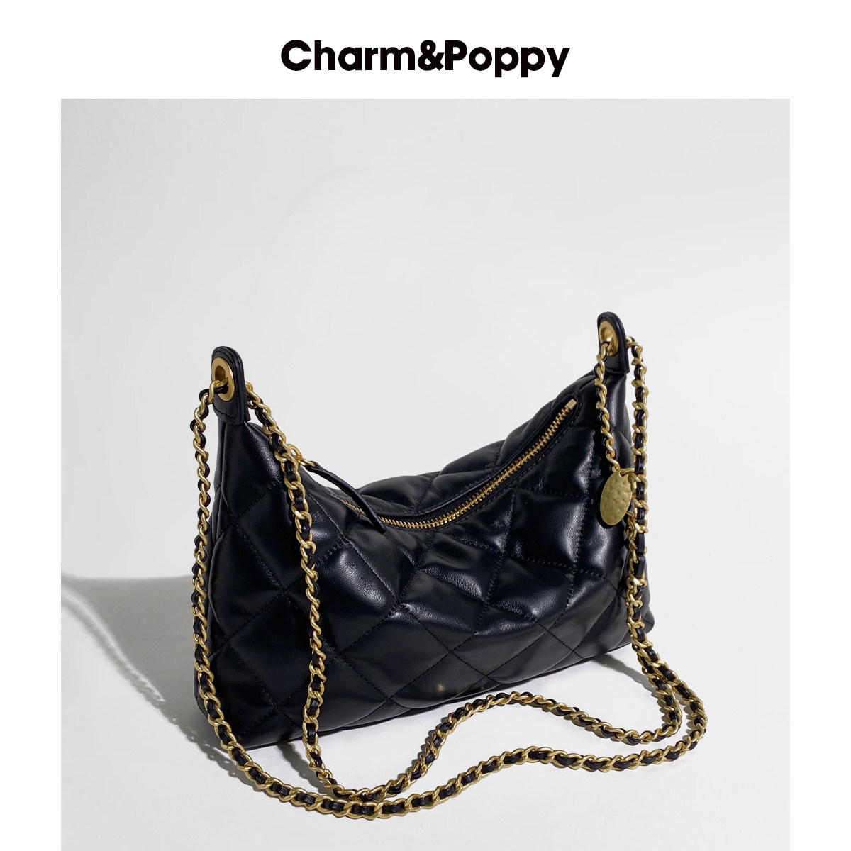 CHARMPOPPY小香风羊皮菱格链条饺子包女单肩腋下hobo包斜挎饭盒包