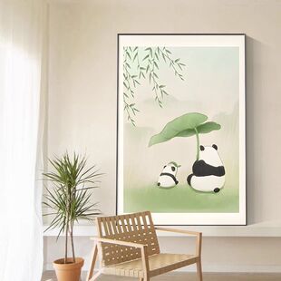 治愈系熊猫挂画中式四季春夏秋冬客厅装饰画寓意卧室玄关餐厅壁画