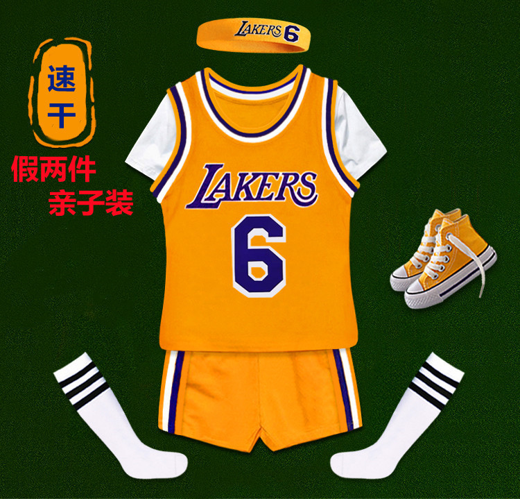 儿童短袖假两件篮球服套装亲子装6号詹姆斯球衣婴儿运动爬服纯棉