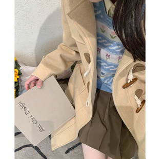 【特价】甜美中长款牛角扣大衣毛呢外套加厚宽松女装秋冬