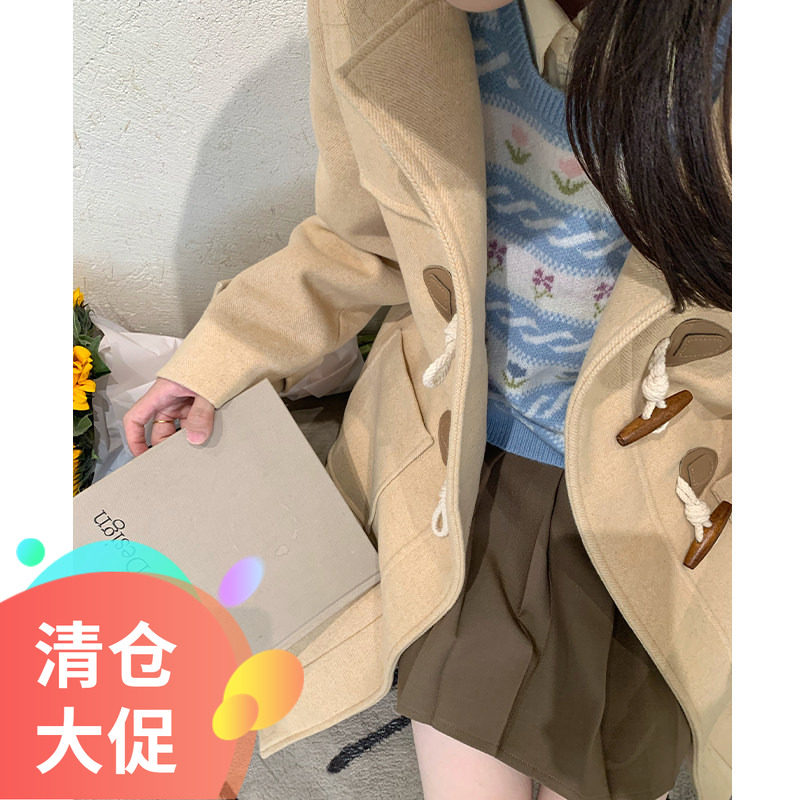 【特价清仓】甜美中长款牛角扣大衣毛呢外套加厚宽松女装秋冬