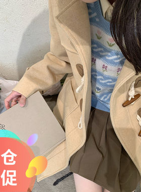 中长款牛角扣大衣毛呢外套加厚