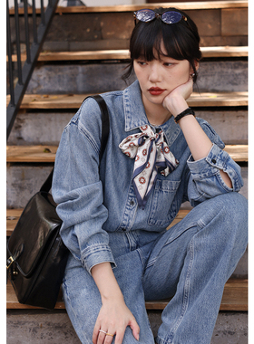 无拘2025年秋季新款POLO领长袖中长款上衣天丝汉麻牛仔衬衫外套女