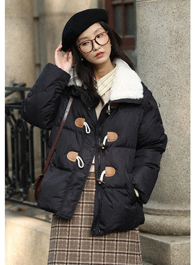 无拘2023年冬季新款加厚保暖白鸭绒外套翻毛领牛角扣两穿羽绒服女