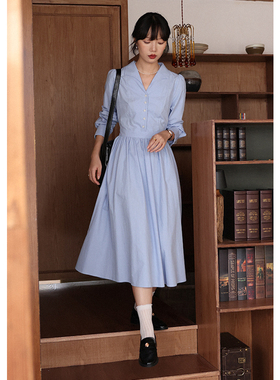 无拘2025年秋季新款日常通勤长袖中长裙翻领设计甜美衬衫连衣裙女