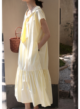 无拘夏季新款法式轻薄少女感短袖a字长裙纯色遮肉宽松连衣裙女