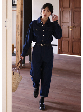 无拘2025年秋季新品日常通勤高腰直筒长裤后中分割设计牛仔连体裤