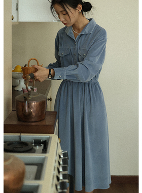 无拘2023年秋季新品高腰通勤雾霾蓝长裙设计感灯芯绒秋冬连衣裙女