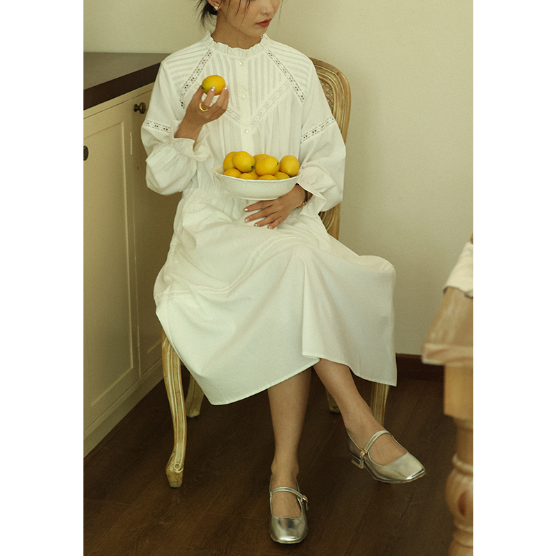 木耳领口纯色休闲压褶a字裙