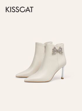 接吻猫高跟靴2025冬新气质细跟尖头时装靴短靴女KA65587-50