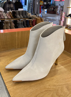 接吻猫2025秋优雅尖头高跟靴法式牛皮细跟时装靴女鞋KA64586-50