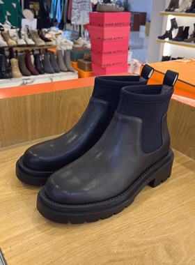 接吻猫2023冬新款牛皮切尔西靴圆头厚底短靴女KA32549-52