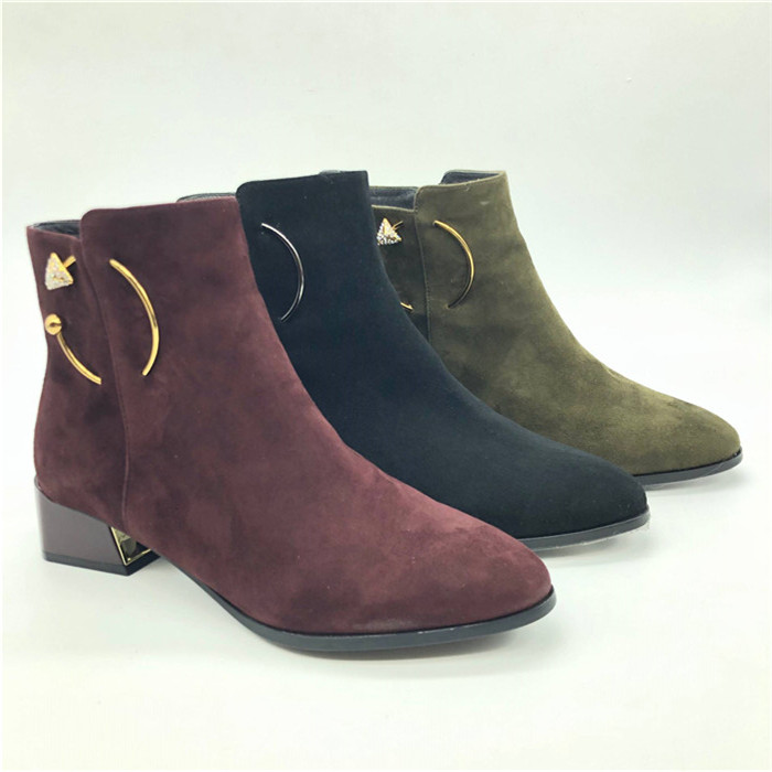 短靴女饰扣羊反绒薄绒中粗跟女