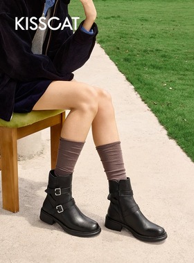 接吻猫2026秋冬时尚百搭粗跟短靴女英伦风马丁靴女鞋KA65724-50