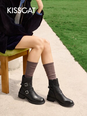 接吻猫2026秋冬时尚百搭粗跟短靴女英伦风马丁靴女鞋KA65724-50