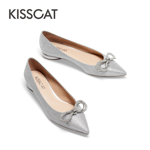 接吻猫2023春低跟鞋 吸睛银色亮片尖头异形跟单鞋 女KA43117 时尚