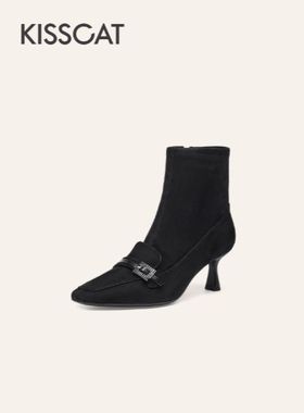接吻猫优雅高跟靴2025冬新通勤方头细跟时装靴女KA65713-12