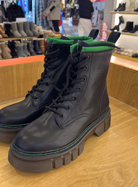 接吻猫2023冬季新款牛皮系带侧拉链中筒马丁靴女KA32742-50