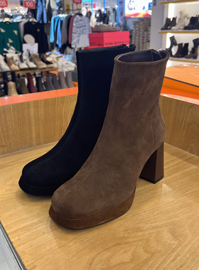 接吻猫2023春简约质感方头高级粗跟时装短靴女KA43536-11