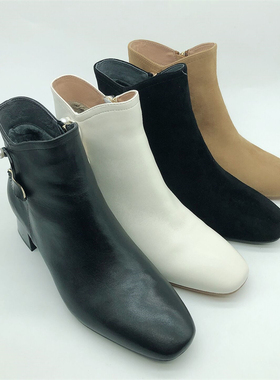 接吻猫2021冬新款羊皮优雅时尚气质舒适中跟方头时装靴KA21527-11