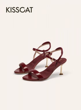 接吻猫2025夏气质黑色高跟鞋真皮尖头一字带凉鞋女KA65301-10