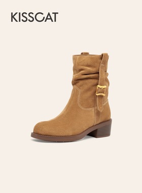 接吻猫西部牛仔靴2025秋短靴显瘦美拉德堆堆靴女KA65726-51