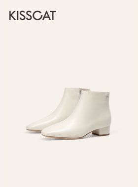 接吻猫2025冬新款简约短靴真皮小方头黑色时装靴踝靴女KA65705-10