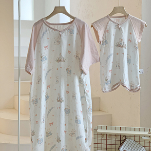 亲子睡衣！卡通款儿童竹棉家居服夏季薄款双层纱宝宝睡袋妈妈睡裙