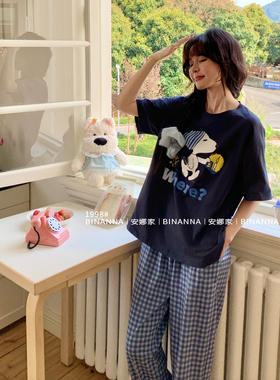睡衣女款2025新款夏季短袖纯棉蓝色史努比薄款长裤套装夏款家居服