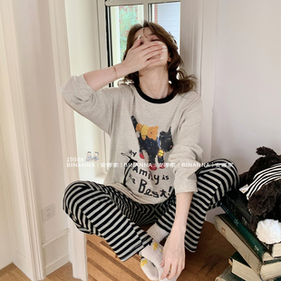 睡衣女款春秋季2025新款长袖大学生纯棉条纹长裤套装春秋款家居服