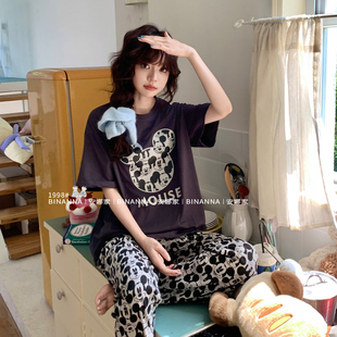 缤安娜家居服睡衣女款2025新款夏短袖卡通版纯棉薄款长裤夏季套装